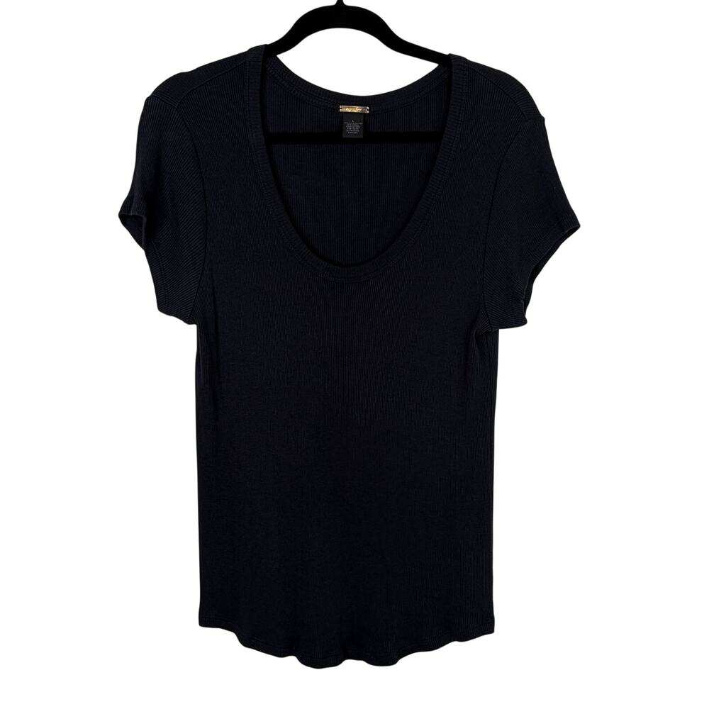 Magaschoni black ribbed knit scoop neck women's top size L, round hem, classic